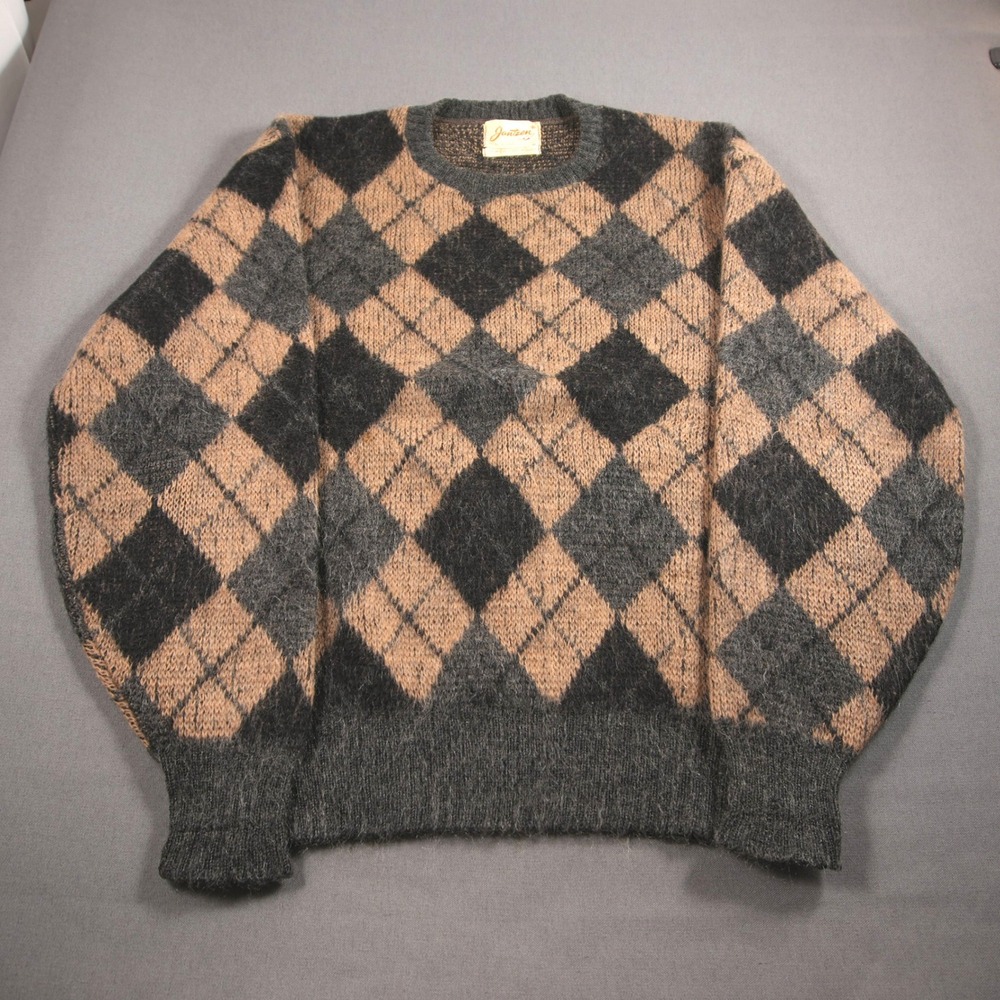 Vintage USA 50's Jantzen Wool Mohair Argyle Men Sweater L Academia Cabin Prep